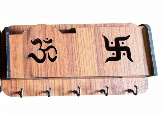 Wooden Om-Swastik, Wall Hanging Key Holder.