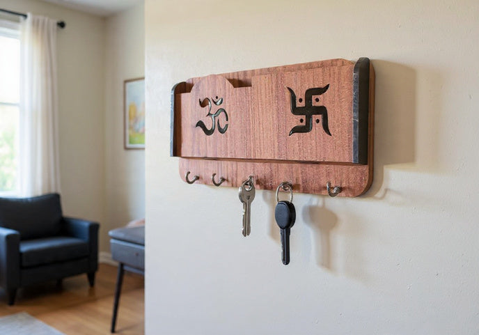 Wooden Om-Swastik,  Wall Hanging Key Holder.